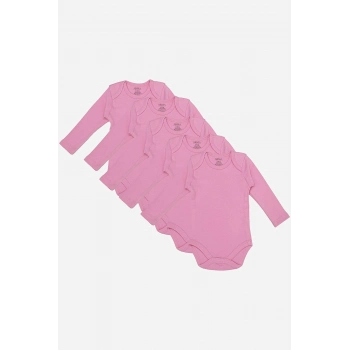 Özel Üretim Bisiklet Yaka Çıtçıtlı Rahat %100 Organik Pamuklu Pembe Uzun Kollu Bebek Body 5li Paket