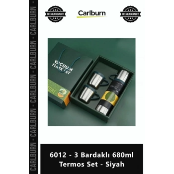 Özel Üretim Çelik Vakumlu Isı Yalıtımlı Sızdırmaz Modern 6012 3 Bardaklı 680ml Termos Set Siyah