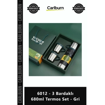 Özel Üretim Çelik Paslanmaz Hediye Kutulu Vakumlu Konfor 6012 3 Bardaklı 680ml Termos Set Gri