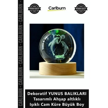 Özel Üretim Hediye Estetik Dekoratif YUNUS BALIKLARI Tasarımlı Ahşap altlıklı Işıklı Cam Küre Büyük