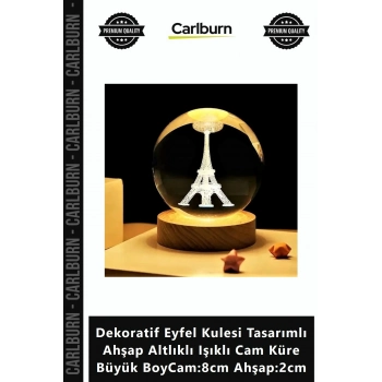 Özel Üretim Şık Dekoratif Eyfel Kulesi Tasarımlı Ahşap Altlıklı Işıklı Cam Küre Büyük BoyCam8cm Ahşa
