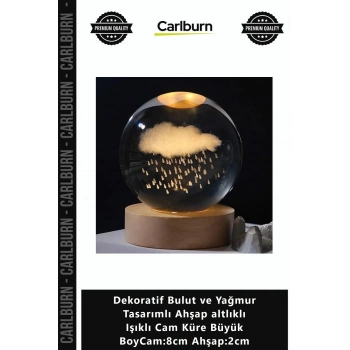 Özel Üretim Dekoratif Bulut Yağmur Tasarımlı Ahşap altlıklı Işıklı Cam Küre Büyük BoyCam8cm Ahşap2cm