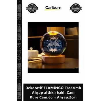 Özel Üretim Dekoratif FLAMİNGO Tasarımlı Ahşap altlıklı Işıklı Cam Küre Cam6cm Ahşap2cm