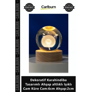 Özel Üretim Zarif Dekoratif Karahindiba Tasarımlı Ahşap altlıklı Işıklı Cam Küre Cam6cm Ahşap2cm