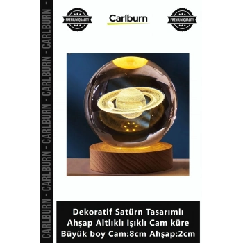 Özel Üretim Dekoratif Satürn Tasarımlı Ahşap Altlıklı Işıklı Cam küre Büyük boy Cam8cm Ahşap2cm
