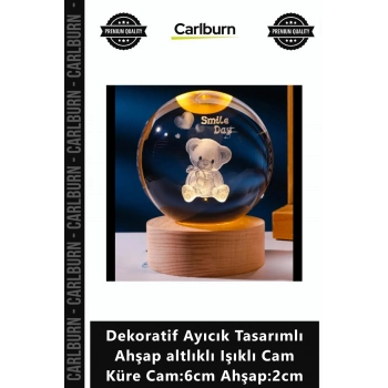 Özel Üretim Şık Hediye Dekoratif Ayıcık Tasarımlı Ahşap altlıklı Işıklı Cam Küre Cam6cm Ahşap2cm