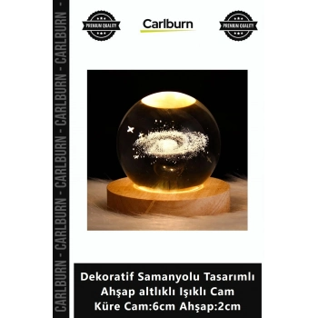 Özel Üretim Şık Gece Dekoratif Samanyolu Tasarımlı Ahşap altlıklı Işıklı Cam Küre Cam6cm Ahşap2cm
