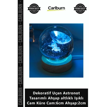 Özel Üretim Şık Dekoratif Uçan Astronot Tasarımlı Ahşap altlıklı Işıklı Cam Küre Cam6cm Ahşap2cm