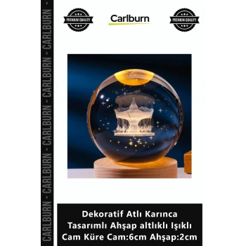 Özel Üretim Şık Dekoratif Atlı Karınca Tasarımlı Ahşap altlıklı Işıklı Cam Küre Cam6cm Ahşap2cm