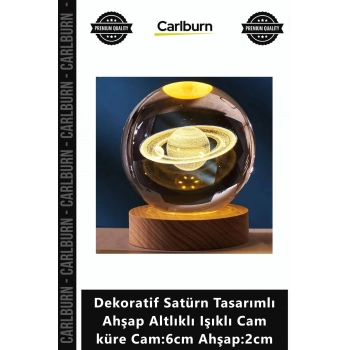 Özel Üretim Hediye Şık Dekoratif Satürn Tasarımlı Ahşap Altlıklı Işıklı Cam küre Cam6cm Ahşap2cm