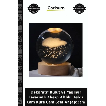 Özel Üretim Dekoratif Bulut Yağmur Tasarımlı Ahşap Altlıklı Işıklı Cam Küre Cam6cm Ahşap2cm