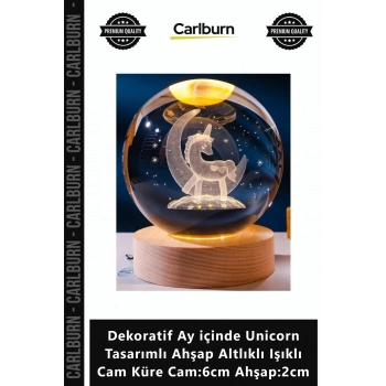 Özel Üretim Dekoratif Ay içinde Unicorn Tasarımlı Ahşap Altlıklı Işıklı Cam Küre Cam6cm Ahşap2cm
