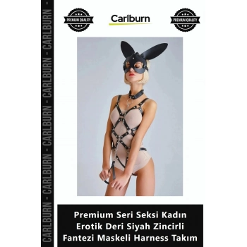 Özel Üretim Şık Premium Seri Seksi Kadın Erotik Deri Siyah Zincirli Fantezi Maskeli Harness Takım