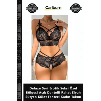 Özel Üretim Deluxe Seri Erotik Seksi Özel Bölgesi Açık Dantelli Rahat Siyah Sütyen Külot Fantezi Kad