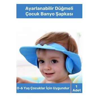 Bebek Banyo Şapkası Duş Başlığı Ayarlanabilir Düğmeli Çocuk Küvet Göze Su Kaçırmayan Mavi Şapka