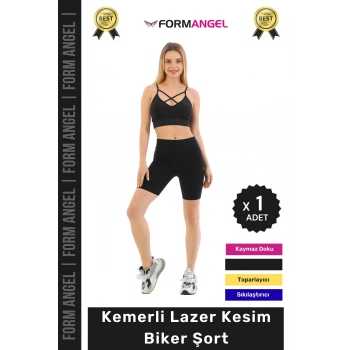 #BikerŞort İç Göstermeyen Kaymaz Şekillendirici Toparlayıcı Kemerli Lazer Kesim Biker Şort