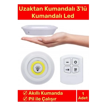 Deluxe Av Kamp Ev Okul Araba Otel Pilli Uzaktan Kumandalı Yapışkanlı Dayanıklı 3Lü Led Spot 1 Adet