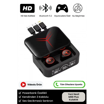 HD Ses Göstergeli Powerbank Özellikli Ios Android Uyumlu 5.2 Bluetooth M88 Plus Kablosuz Kulaklık