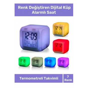 Hediyelik Dekoratif Termometreli Takvimli 7 Renk Değiştiren Dijital Küp Alarmlı Masa Çalar Saat