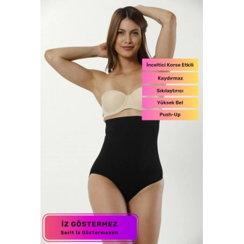 Kaymaz İz Göstermeyen Yüksek Bel Toparlayıcı Sıkılaştırıcı Karın Şekillendirici String Tanga Korse