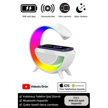 Kablosuz Şarj Led Işıklı Bluetooth Hoparlör Radyolu Müzik Çalar Saatli Telefon Standı 3in1 Speaker