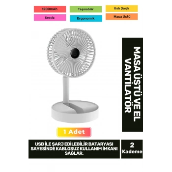 Kablosuz Sessiz Usb Şarjlı 3 Kademeli Hafif 1200mAh Pervaneli Taşınabilir Masa El Fanı Vantilatör