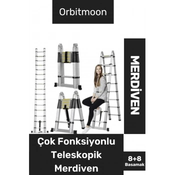 Kaymaz Ayak Dayanıklı Alüminyum Çift Taraflı Açık Hali 3.8 Metre Çok Fonksiyonlu Teleskopik Merdiven