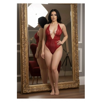 #Bodysuit Dantel Detaylı Transparan Esnek Şık Çekici Kadın Fantazi İç Giyim Kırmızı Taşlı Bodysuit