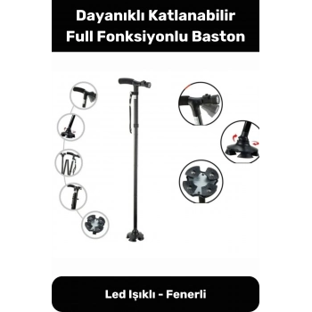 Led Işıklı Fenerli Yürüyüş Bastonu Kolay Açılıp Kapanan Dayanıklı Katlanabilir Full Fonksiyonlu