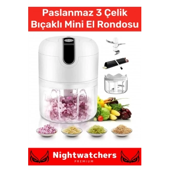 Özel Seri Paslanmaz 3 Bıçaklı Kolay Hızlı Sebze Meyve Sarımsak Pratik Sarjlı Mini El Rondosu 250 ml