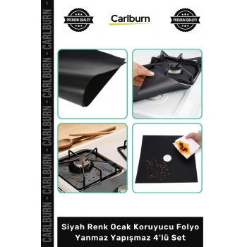 Özel Üretim Cam Elyaf Gazlı Pratik Mutfak Siyah Renk Ocak Koruyucu Folyo Yanmaz Yapışmaz 4lü Set