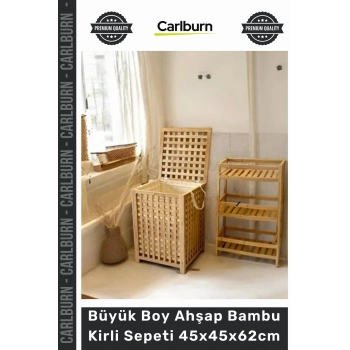 Özel Üretim Doğal Dekoratif Kapaklı Banyo Çamaşır Büyük Boy Ahşap Bambu Kirli Sepeti 45x45x62cm