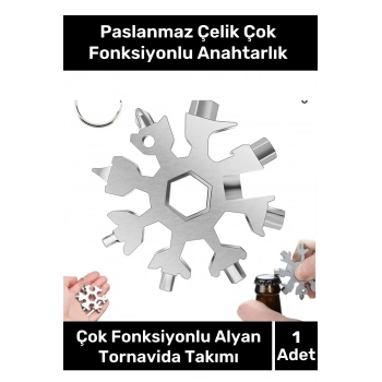 Paslanmaz Çelik Çok Fonksiyonlu Alyan Tornavida Takımı Kar Tanesi Anahtarlık Konserve Açıcı