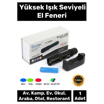 Premium 500 Metre Menzilli Şarj Edilebilir 10W 2000 Lümen 4 Renk Güçlü El Feneri