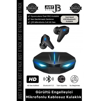 Premium RGB Işıklı K55 Tws Pro Extra Bass Mikrofon 3D Stereo Ses Bluetooth Kablosuz Oyuncu Kulaklık