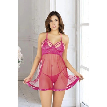 Premium Seri Fantezi Erotik Kadın Transparan İç Gösteren Seksi Şık Rahat Zarif Fuşya Dantel Gecelik