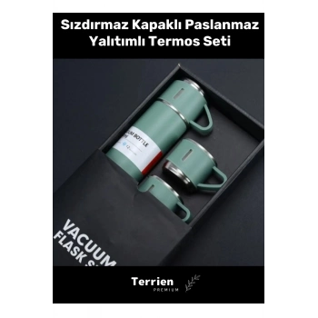 Premium Seri Özel Üretim Kaydırmaz Taban Paslanmaz 2 Katmanlı Çelik Bardaklı Yalıtımlı Termos Seti