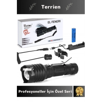 Premium Seri Şarjlı Profesyonellere Özel Üretim Yüksek Aydınlatma Tasarruflu Av Kamp Tüfek Feneri