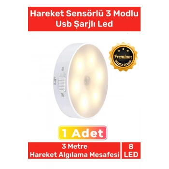 Premium Üretim Mıknatıslı 3 Mod Pratik Hareket Sensörlü 8 Ledli Usb Şarjlı Beyaz Işık Gece Lambası