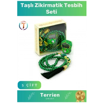 Ramazana Özel LCD Ekran Hafızalı Hac Umre Mevlüt Kandil Hediyesi 5 Çift Taşlı Zikirmatik Tesbih Seti