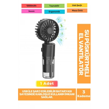 Su Püskürtmeli Ultra Sessiz 3 Kademeli Hafif Kablosuz Taşınabilir Usb Şarjlı Masa El Fanı Vantilatör