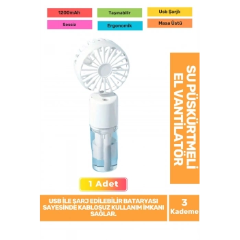 Su Püskürtmeli Ultra Sessiz 3 Kademeli Hafif Kablosuz Taşınabilir Usb Şarjlı Masa El Fanı Vantilatör