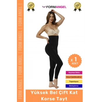 #Tayt 2 Beden Küçültür Diz Yapmaz Kaymaz Toparlayıcı Siyah Kadın Yüksek Bel Çift Kat Korse Tayt