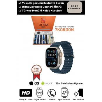 Ultra 7 in 1 Strap Bluetooth Arama Yanıtlama Bildirim Kasa Koruma Akıllı Saat + 7 Renkli Kordon