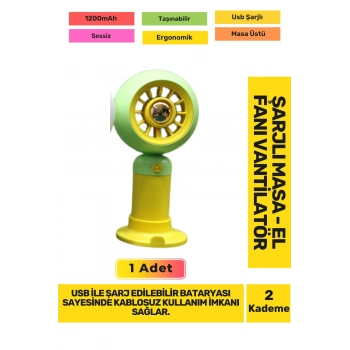 Ultra Sessiz 2 Kademeli Hafif Kablosuz 1200mAh Pervaneli Taşınabilir Usb Şarj Masa El Fan Vantilatör