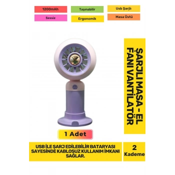 Ultra Sessiz 2 Kademeli Hafif Kablosuz 1200mAh Pervaneli Taşınabilir Usb Şarj Masa El Fan Vantilatör