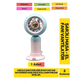 Ultra Sessiz 2 Kademeli Hafif Kablosuz 1200mAh Pervaneli Taşınabilir Usb Şarj Masa El Fan Vantilatör