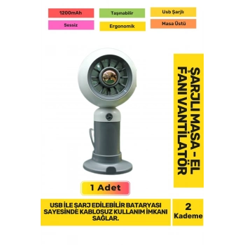 Ultra Sessiz 2 Kademeli Hafif Kablosuz 1200mAh Pervaneli Taşınabilir Usb Şarj Masa El Fan Vantilatör