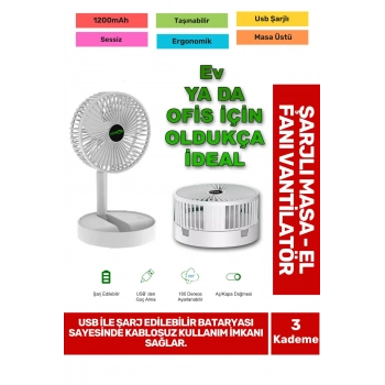Ultra Sessiz 3 Kademeli Hafif Kablosuz 1200mAh Pervane Taşınabilir Usb Şarjlı Masa El Fan Vantilatör