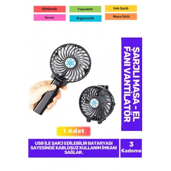 Ultra Sessiz 3 Kademeli Hafif Kablosuz 1200mAh Pervaneli Taşınabilir Usb ŞarjlMasa El Fan Vantilatör